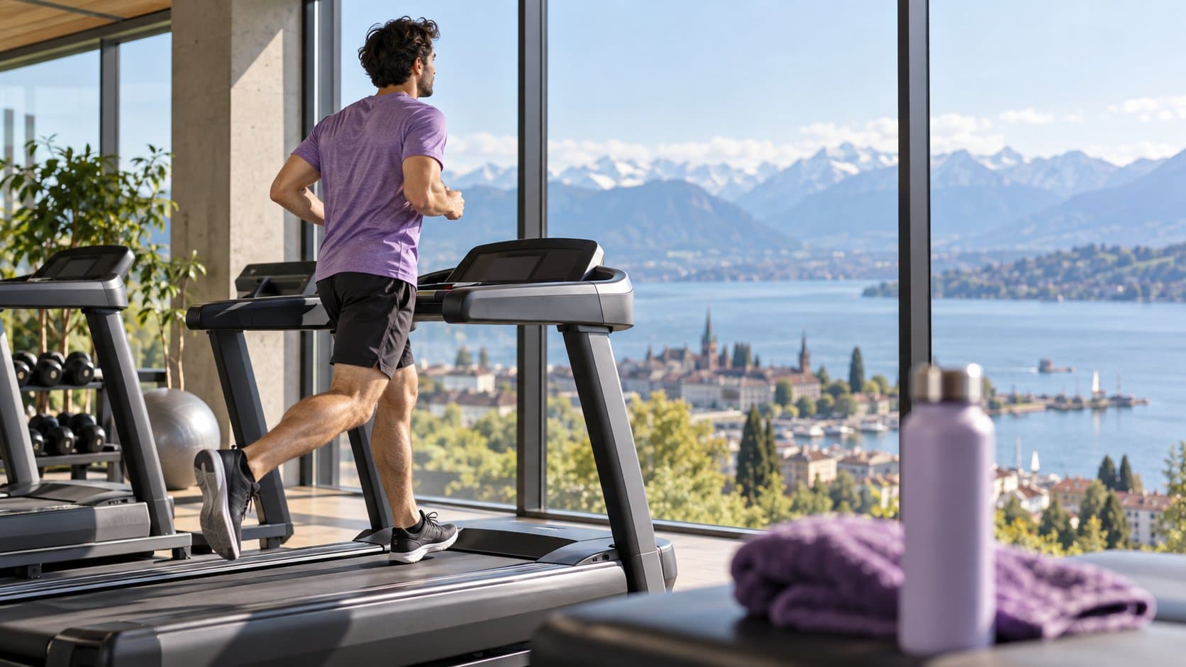 Un homme court sur un tapis de course face à une baie vitrée donnant sur le lac et les Alpes