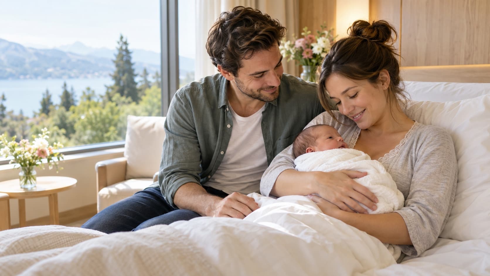 Dans une chambre de maternité privée lumineuse, une jeune mère tient son nouveau-né contre elle, le second parent assis tout près