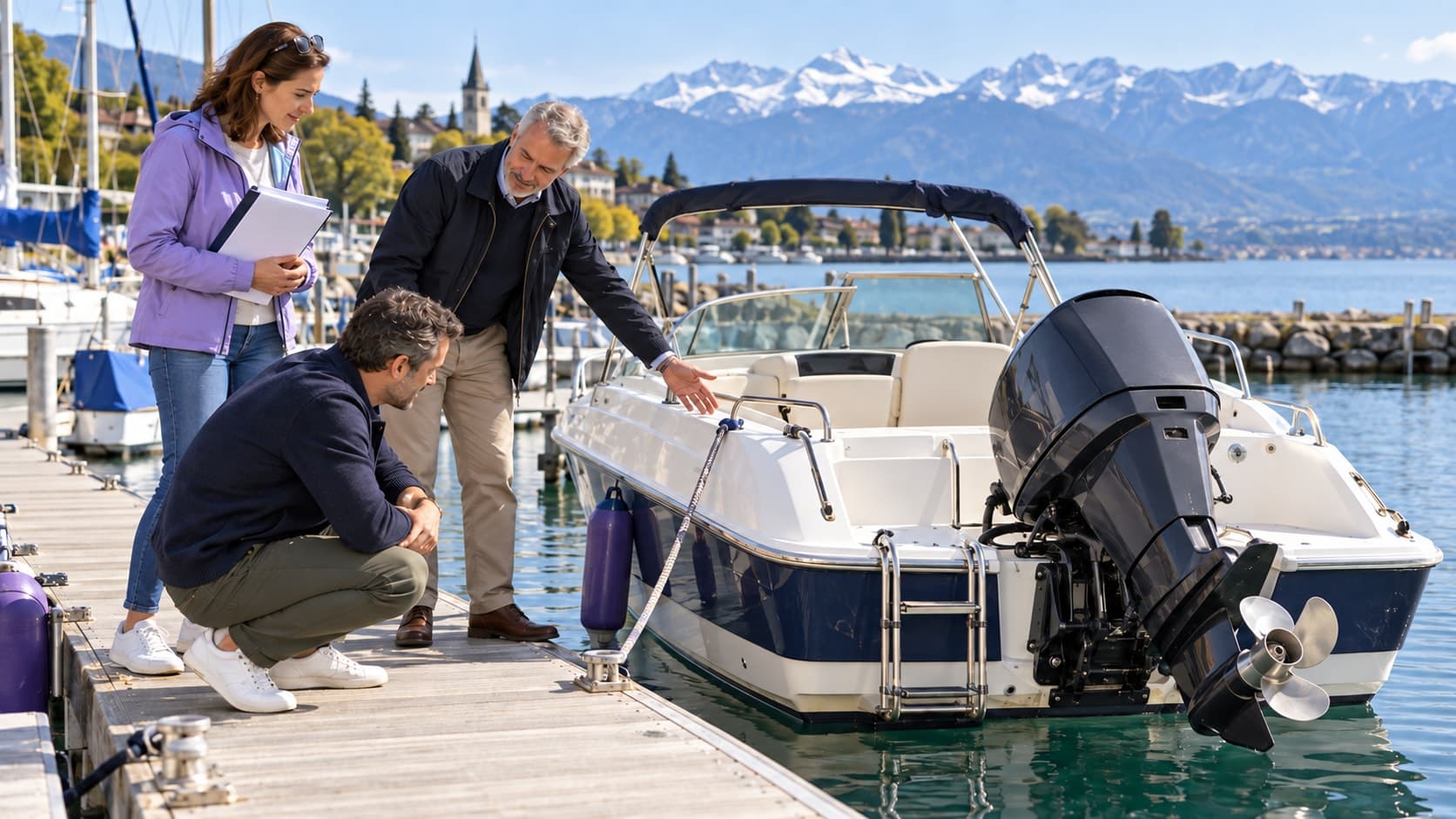 Sur un ponton du Léman, un homme accroupi examine un moteur hors-bord relevé, une femme tient un dossier et un vendeur leur montre la coque du bateau.