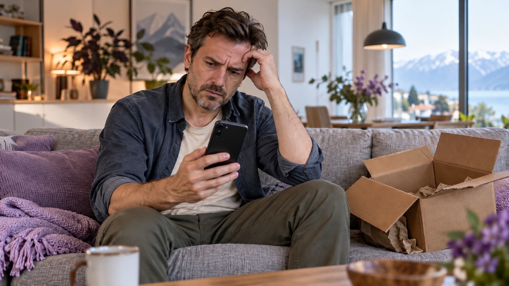 Assis sur un canapé, un homme regarde son téléphone avec méfiance, près d’un carton d’expédition ouvert et vide.