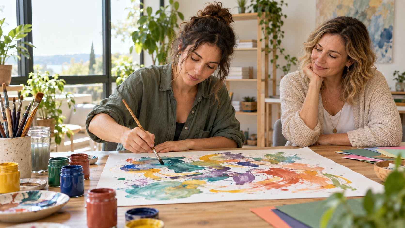 Dans un atelier lumineux, une femme peint librement à la gouache sur une grande feuille, observée avec bienveillance par une art-thérapeute