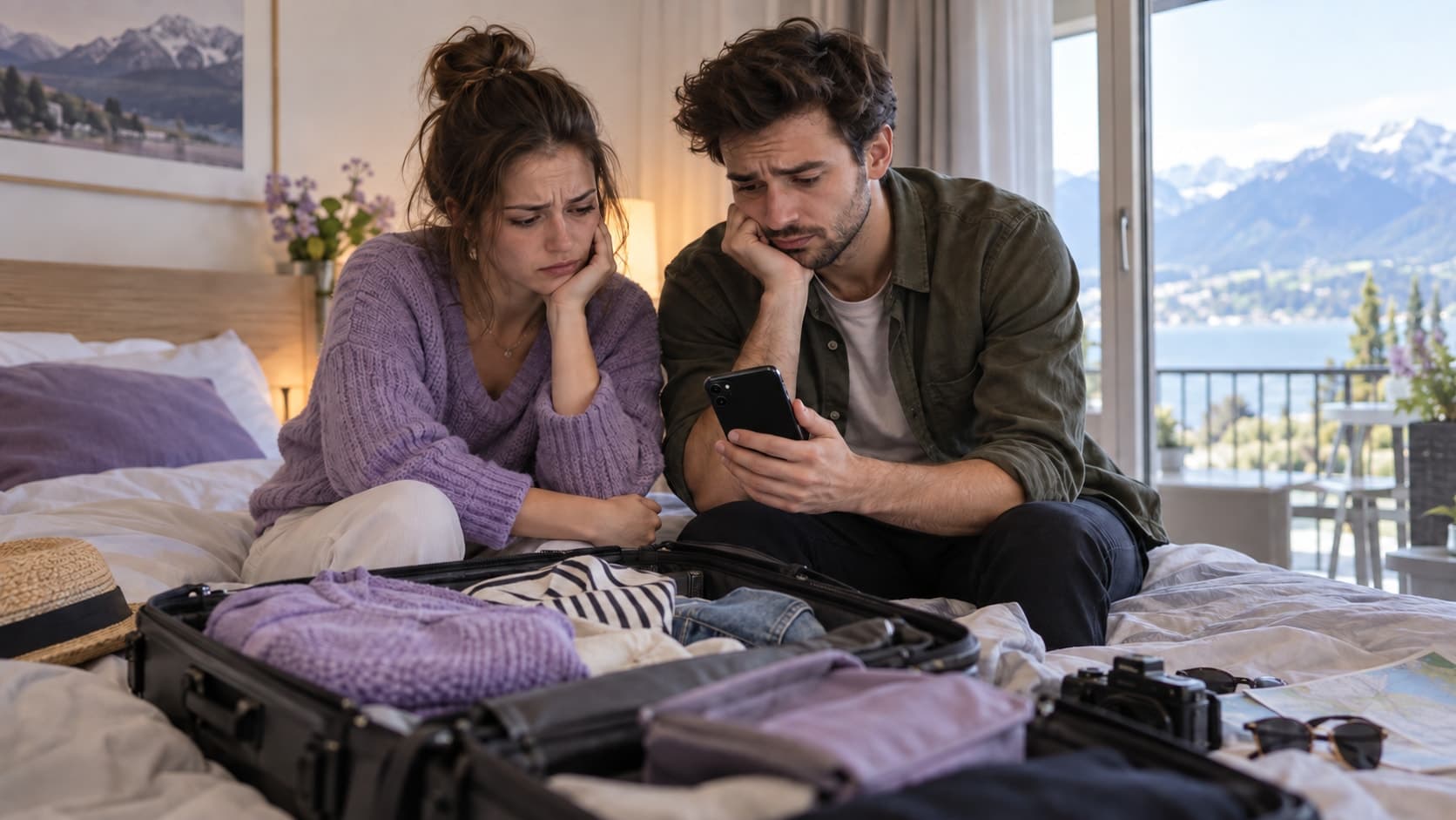 Près d’une valise à moitié remplie sur un lit, un couple regarde un téléphone d’un air déçu.