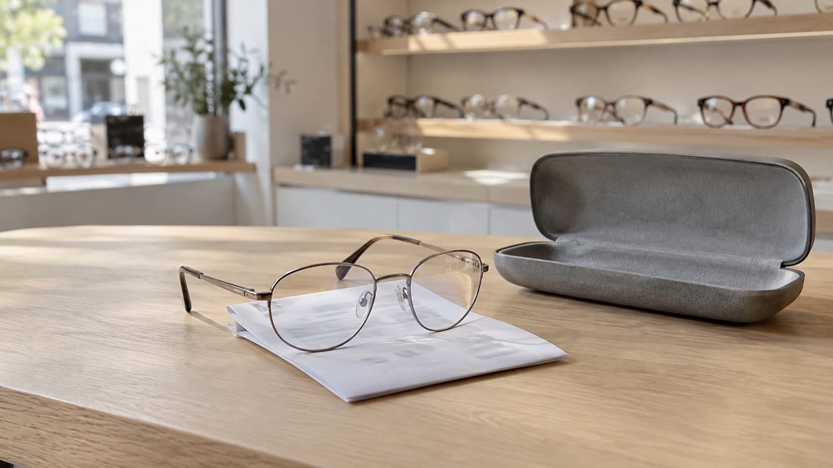 Une paire de lunettes posée sur une ordonnance pliée, à côté d’un étui ouvert, sur le comptoir en bois d’un opticien