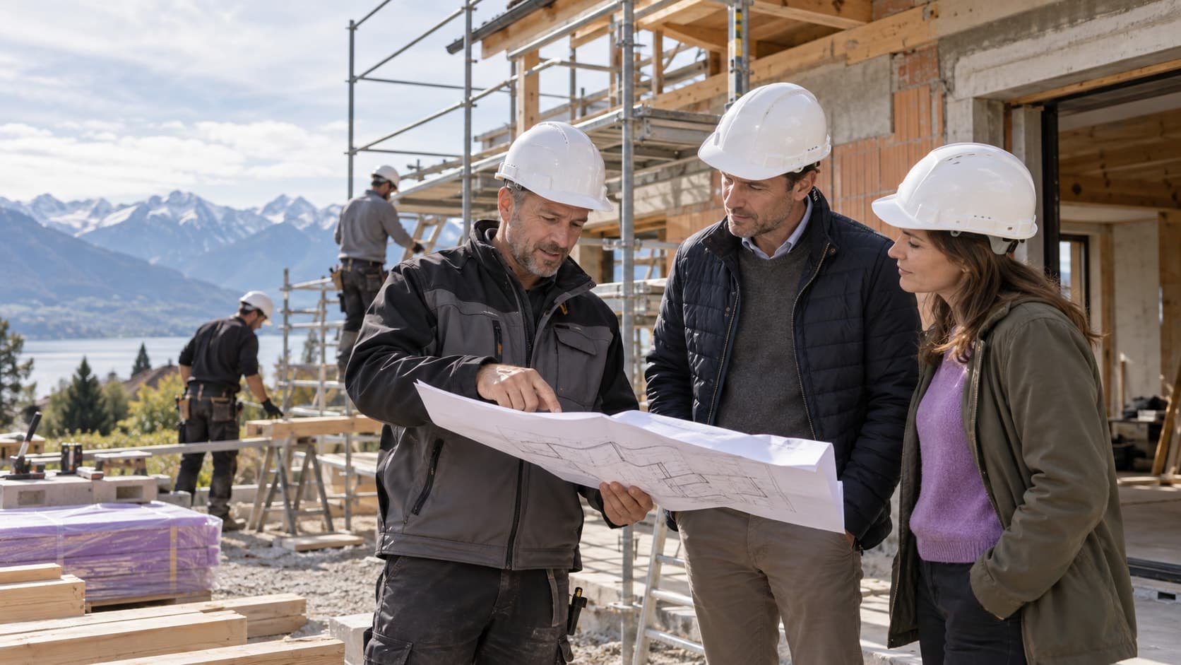 Sur le chantier d’extension d’une maison, un propriétaire consulte des plans avec le chef de chantier, près d’un échafaudage et d’ouvriers casqués.