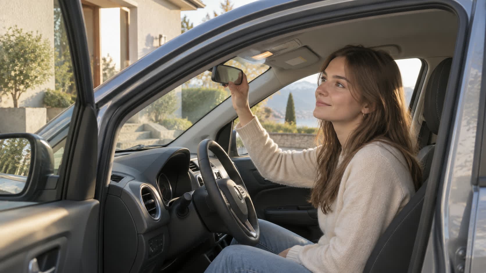 Une jeune femme au volant d’une petite voiture, souriante, ajuste son rétroviseur avant de partir, devant une maison familiale