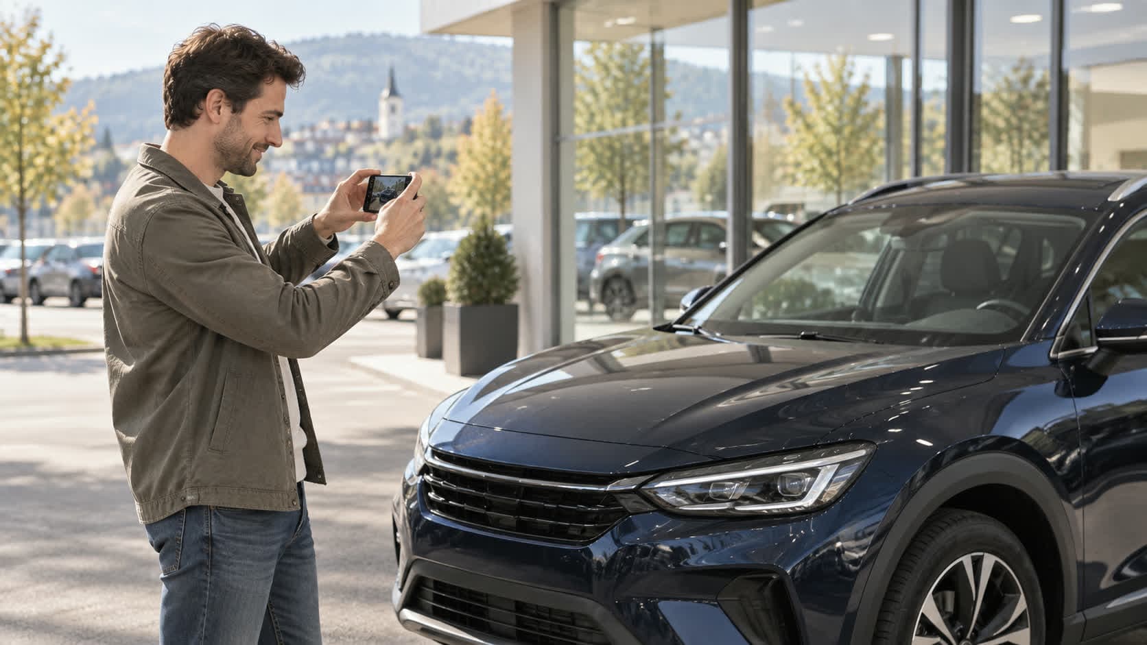 Un homme photographie sa voiture neuve avec son téléphone devant un garage, le jour de la livraison