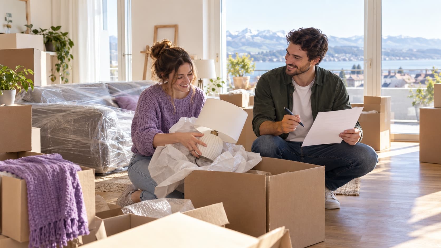 Un jeune couple s’installe parmi des cartons ouverts dans un salon lumineux. L’homme tient un document et un stylo, tandis que la femme déballe une lampe devant un canapé encore emballé.