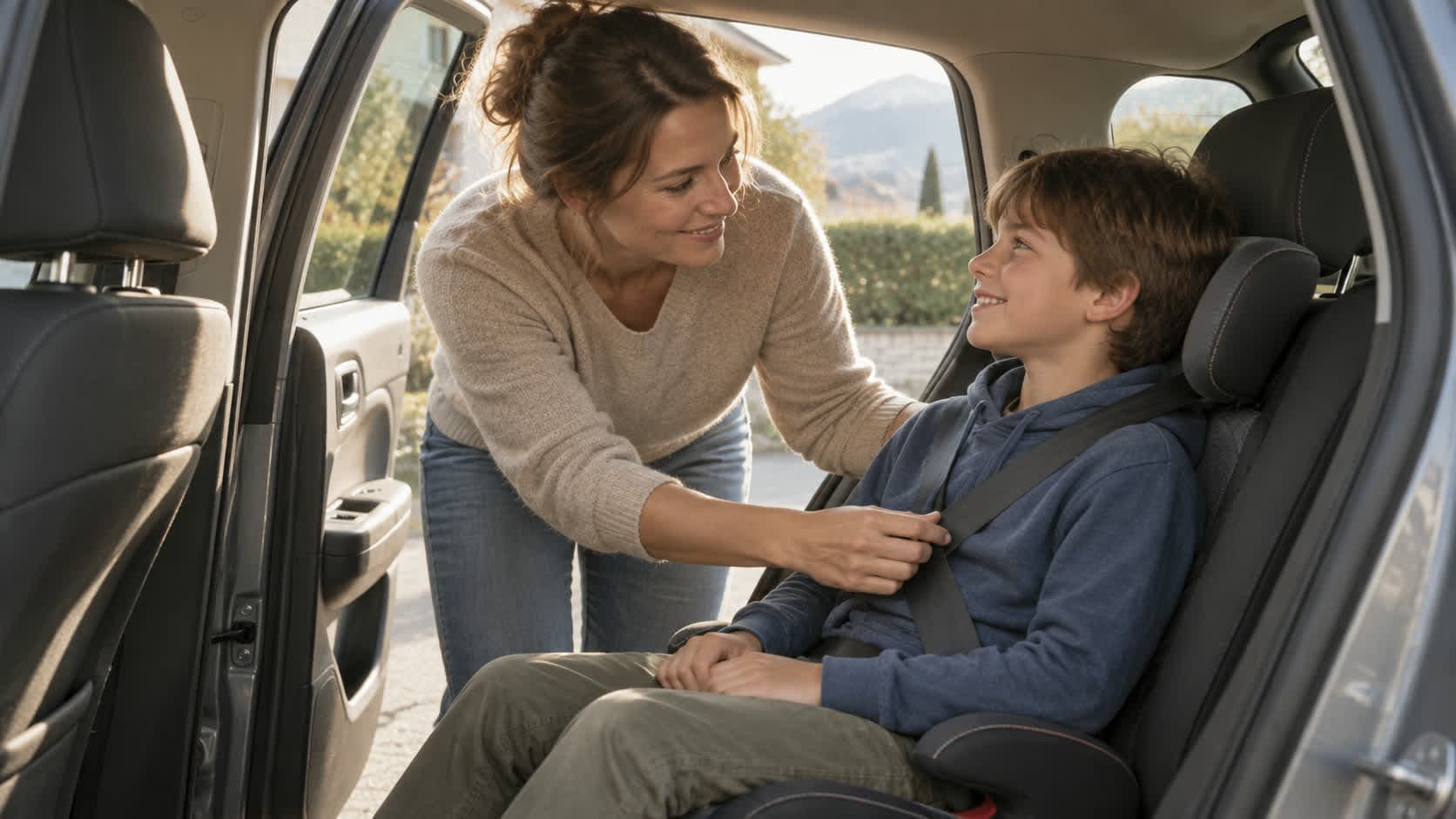 Une mère vérifie la ceinture de son fils assis dans un rehausseur à l’arrière d’une voiture
