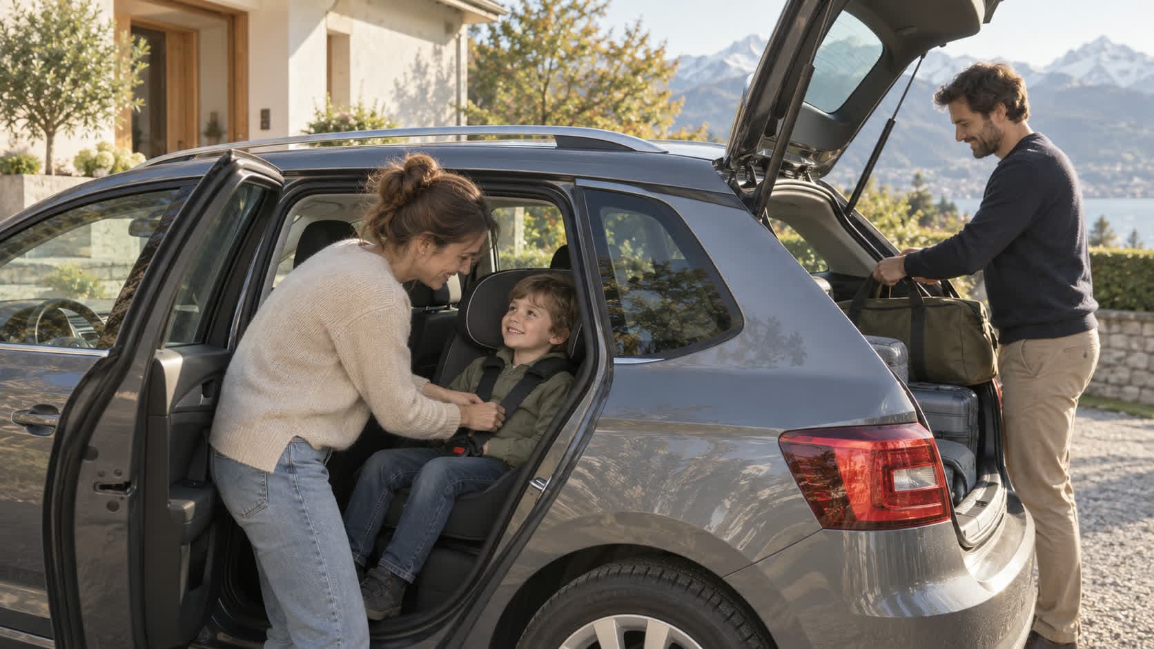 Une famille s’installe dans une voiture familiale avant un départ, un enfant attaché dans son siège-auto à l’arrière