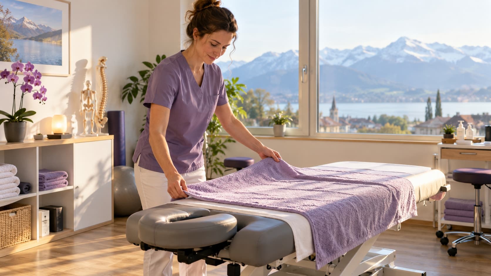 Une physiothérapeute prépare sa table de soins dans un cabinet lumineux avec vue sur le lac et les montagnes.