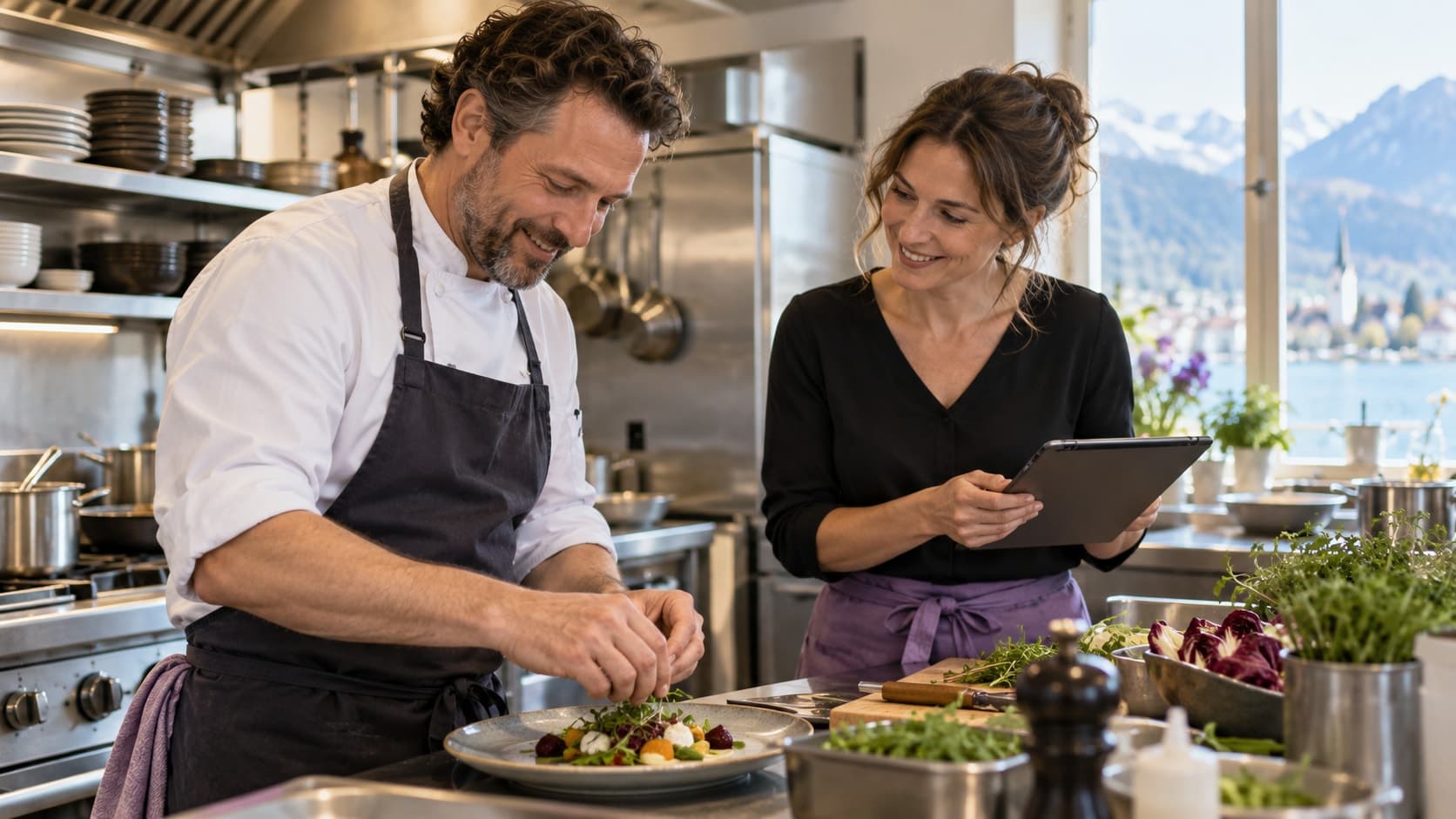 Dans la cuisine d’un petit restaurant, un cuisinier dresse une assiette pendant que la restauratrice consulte une tablette à côté de lui.