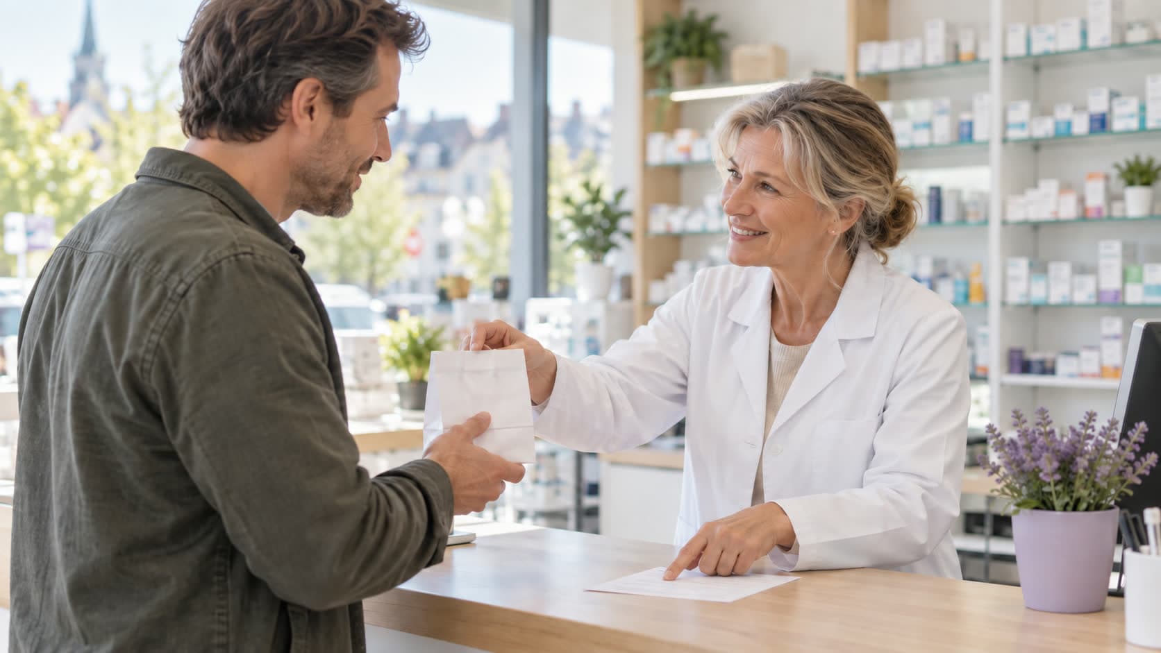 Une pharmacienne remet un sachet à un client et lui explique son ordonnance au comptoir d’une pharmacie