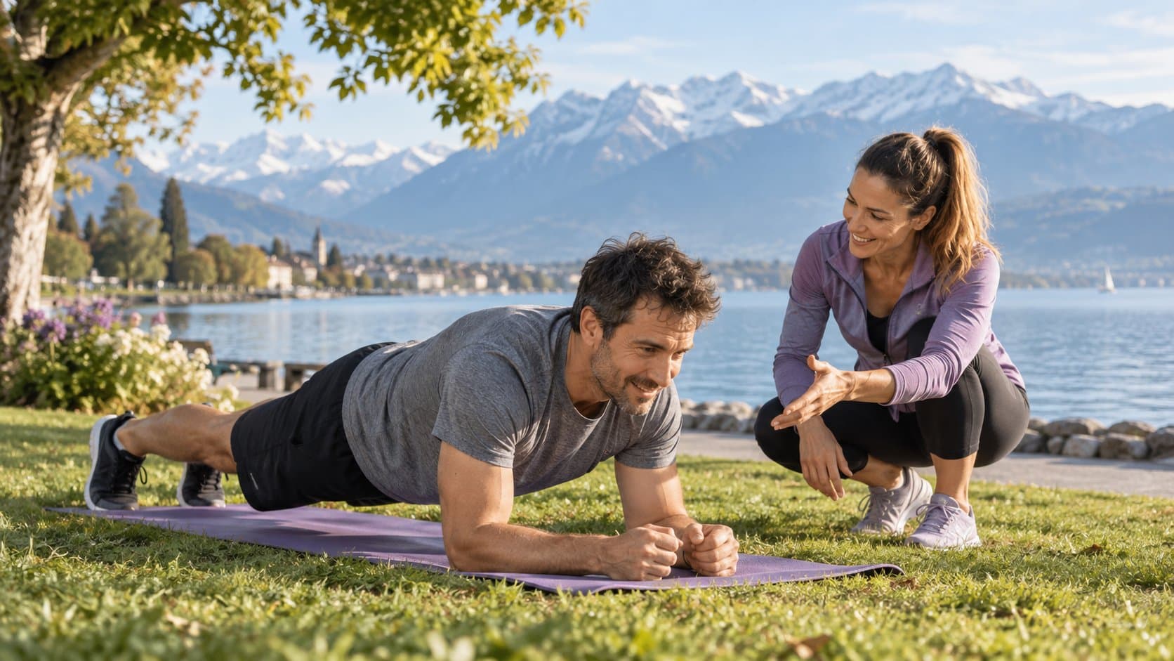 Au bord du Léman, une coach sportive accroupie conseille un homme qui fait la planche sur un tapis