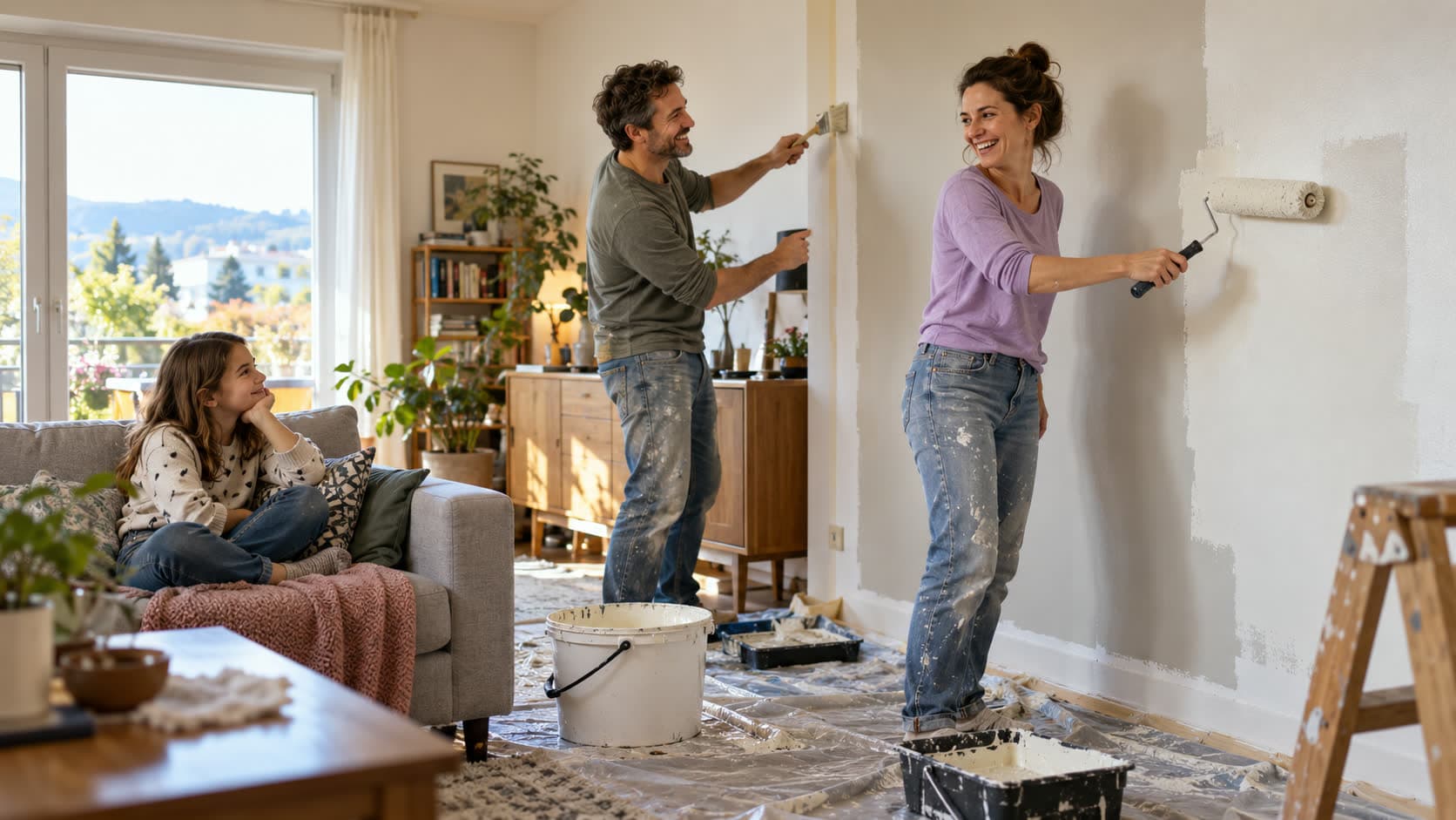 Un couple repeint un mur de son appartement en riant, tandis qu’une fillette les regarde depuis le canapé