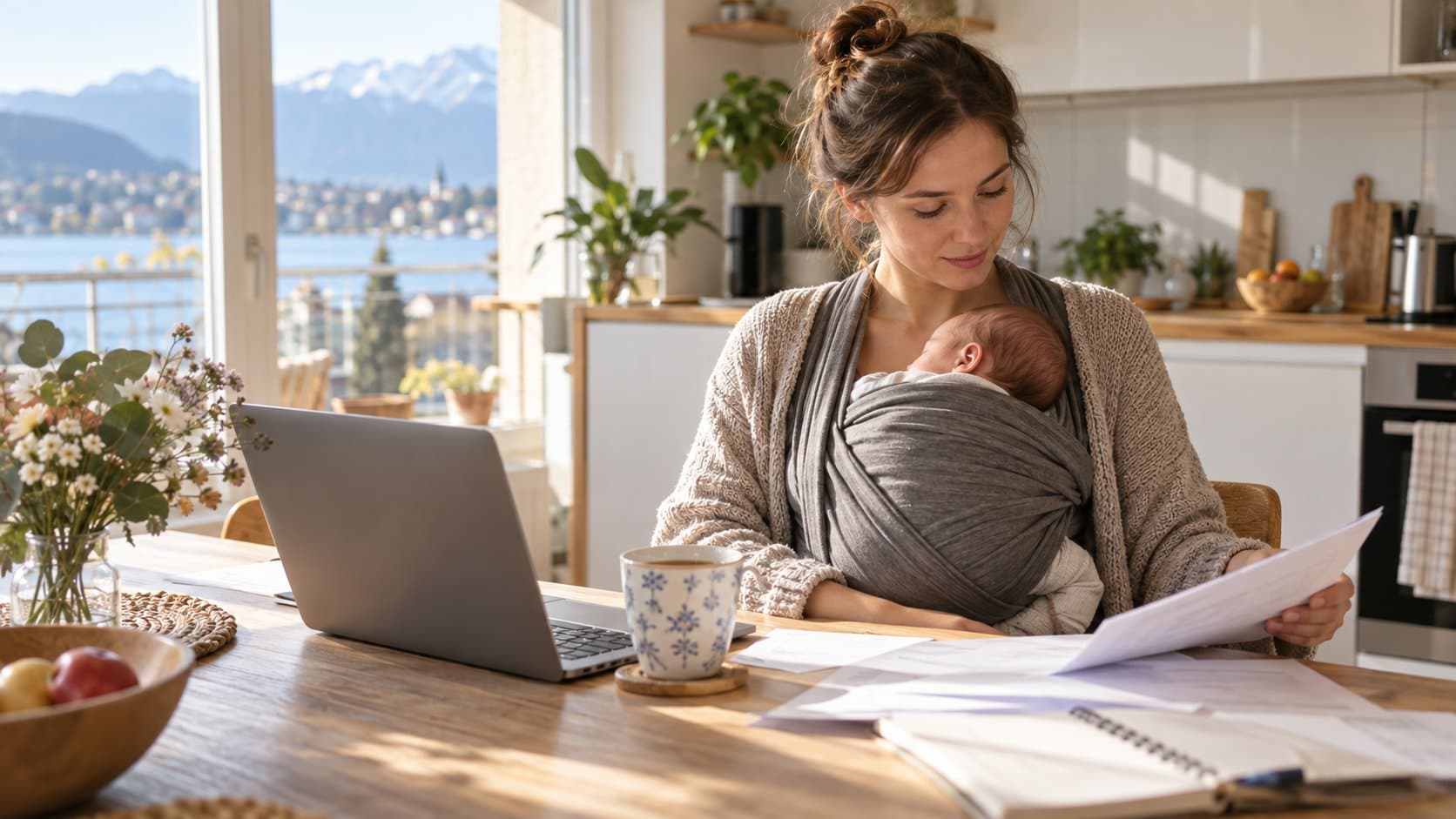 Dans une cuisine claire avec vue sur le lac et les montagnes, une jeune mère porte son bébé endormi en écharpe et consulte des documents à table