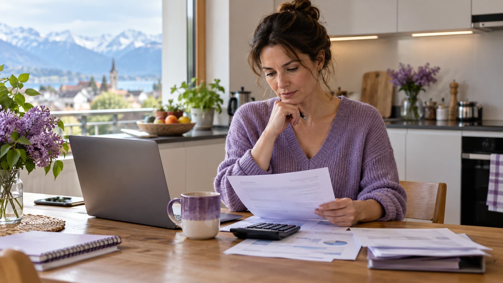 Une indépendante relit un courrier à la table de sa cuisine, une calculatrice, un ordinateur portable et une tasse à côté d’elle.