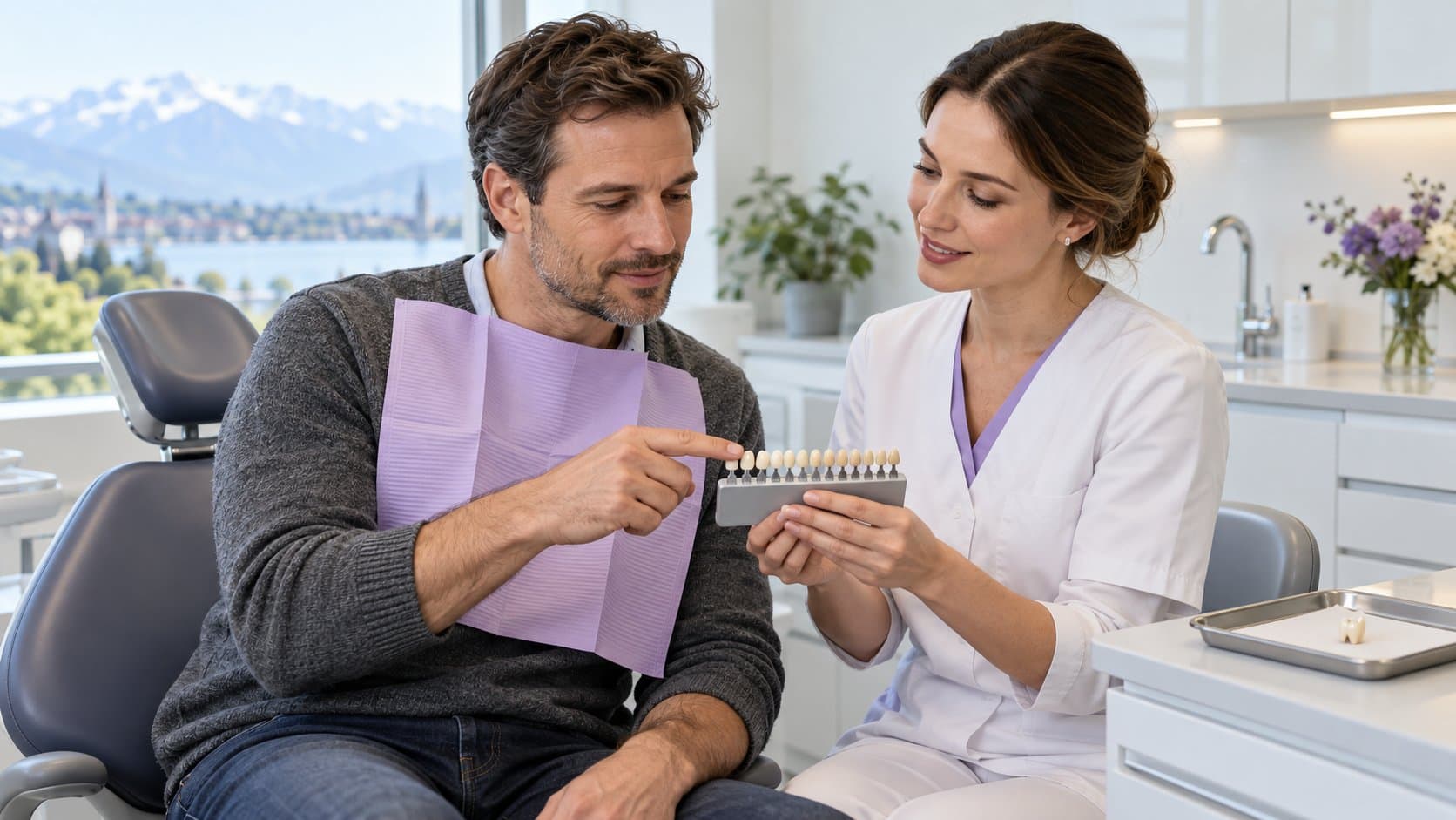 Dans un cabinet dentaire lumineux, une dentiste présente un nuancier de teintes à un patient assis sur le fauteuil, pour choisir la couleur de sa couronne.