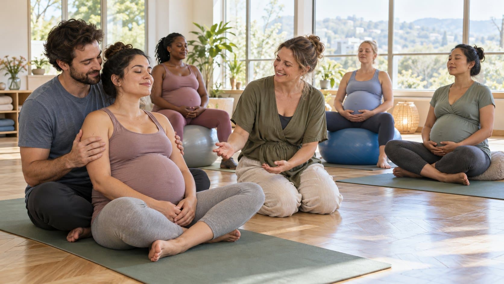 Dans une salle lumineuse, une sage-femme anime un cours prénatal pour des femmes enceintes assises sur des tapis et des ballons, un futur père soutenant sa compagne