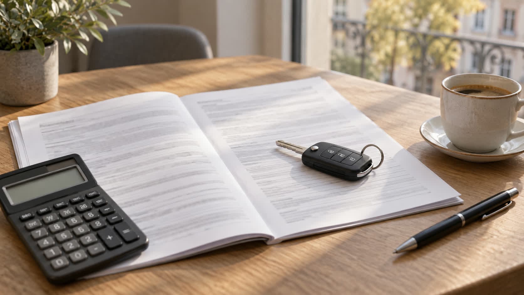 Un contrat de financement ouvert sur une table en bois, à côté d’une clé de voiture, d’une calculatrice et d’un stylo
