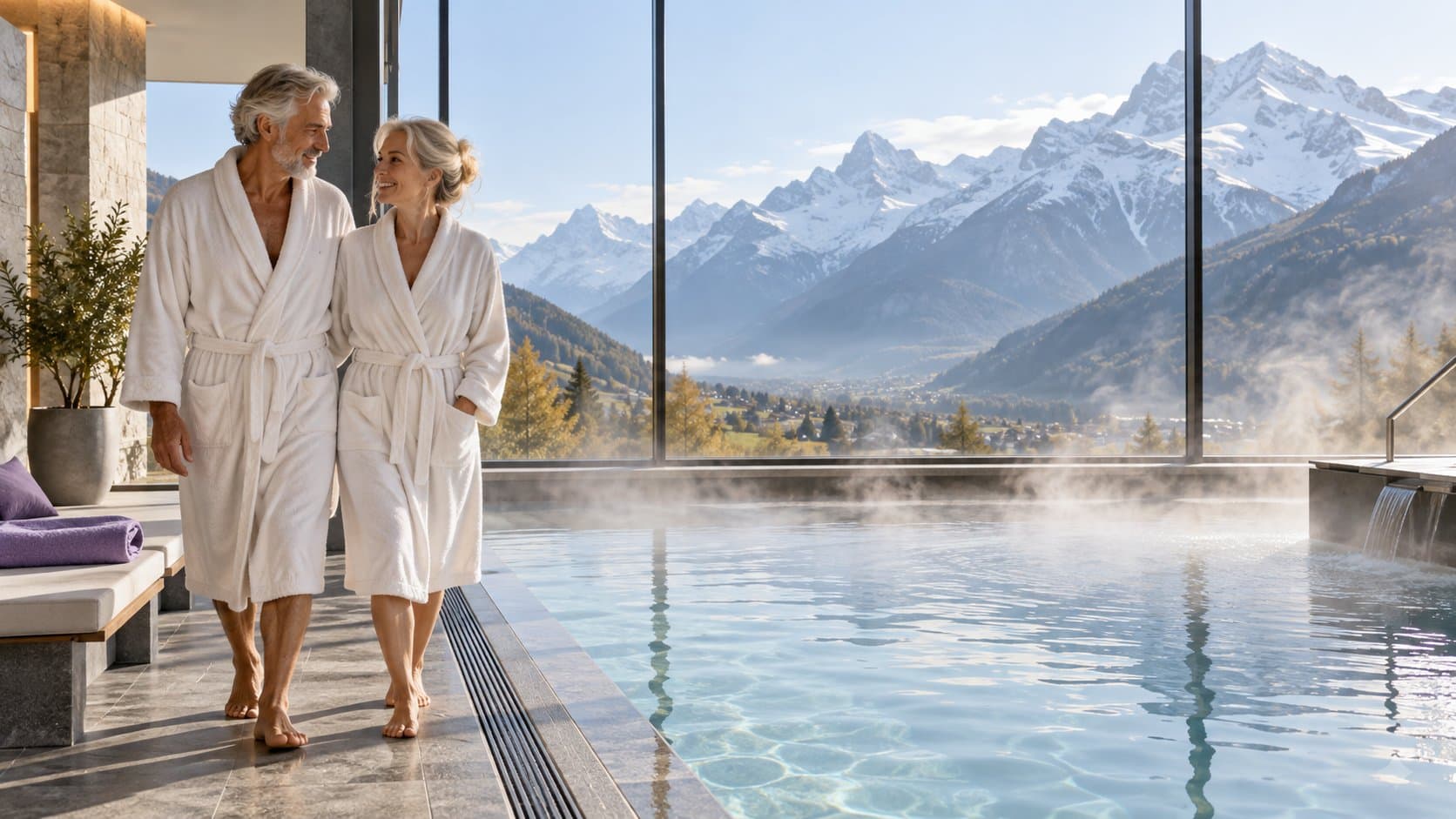 Un couple de retraités en peignoir marche au bord d’un bassin thermal fumant, face aux montagnes enneigées