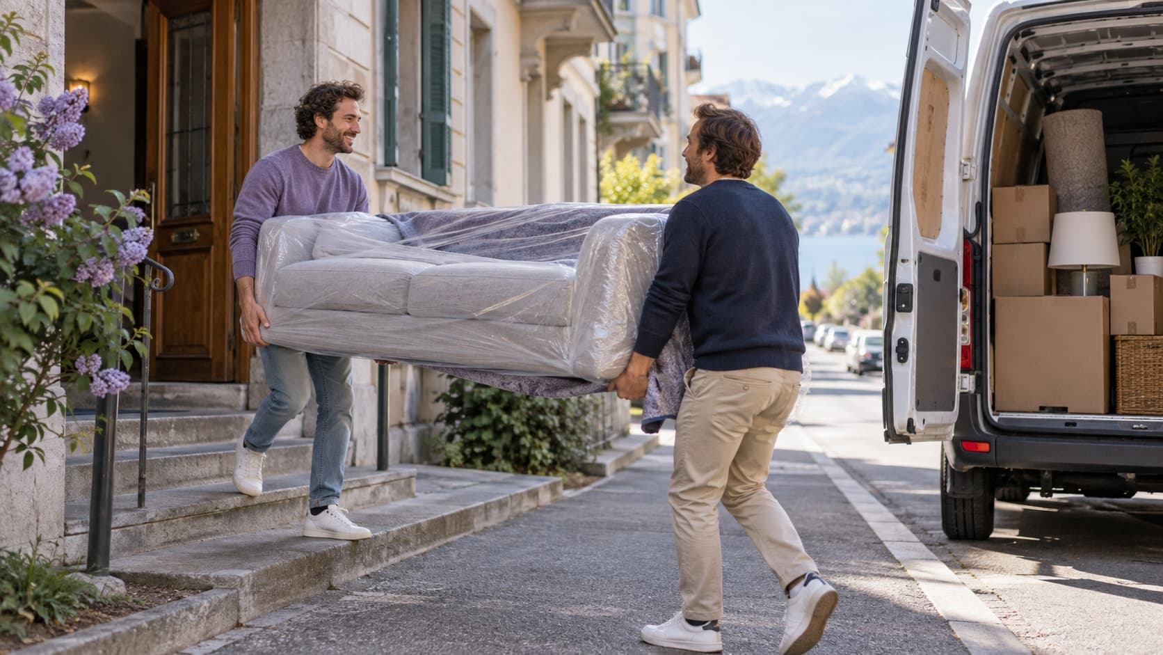 Devant un immeuble, deux amis portent un canapé emballé vers une camionnette blanche contenant des cartons.