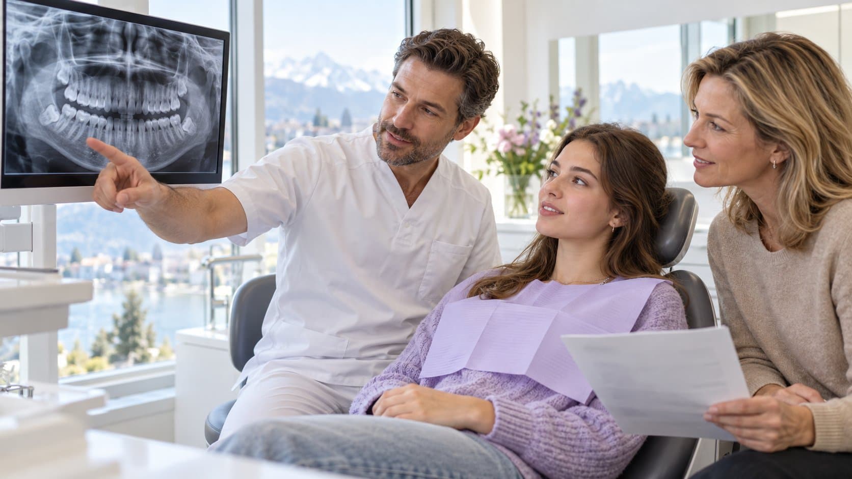 Dans un cabinet dentaire lumineux, un dentiste montre une radiographie panoramique à une jeune femme assise sur le fauteuil, sa mère à côté d’elle avec un devis.