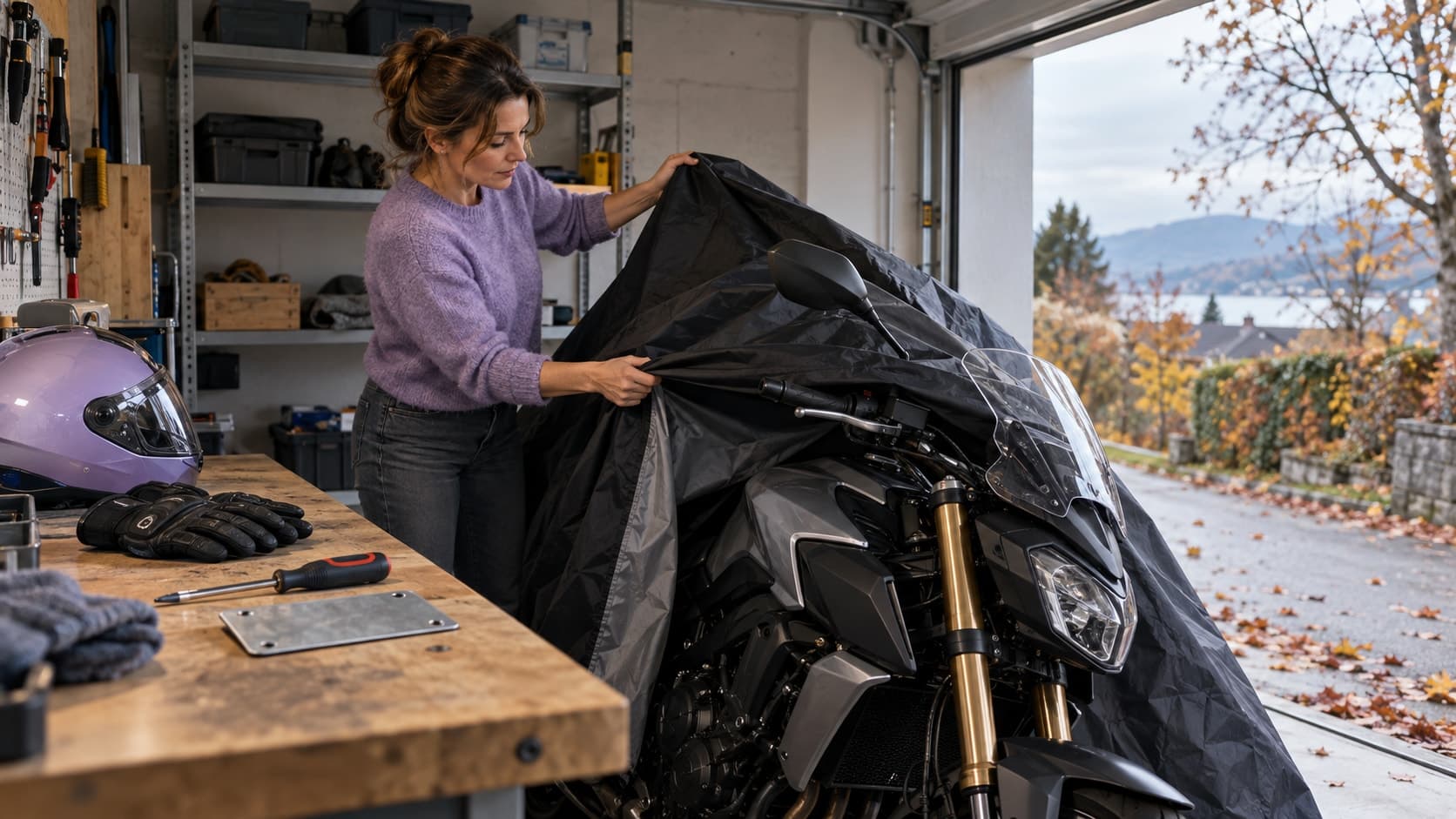 Dans un garage, une femme recouvre sa moto d’une bâche. Sur l’établi, une plaque retournée repose près d’un tournevis et de gants. Des feuilles mortes sont visibles devant la porte ouverte.