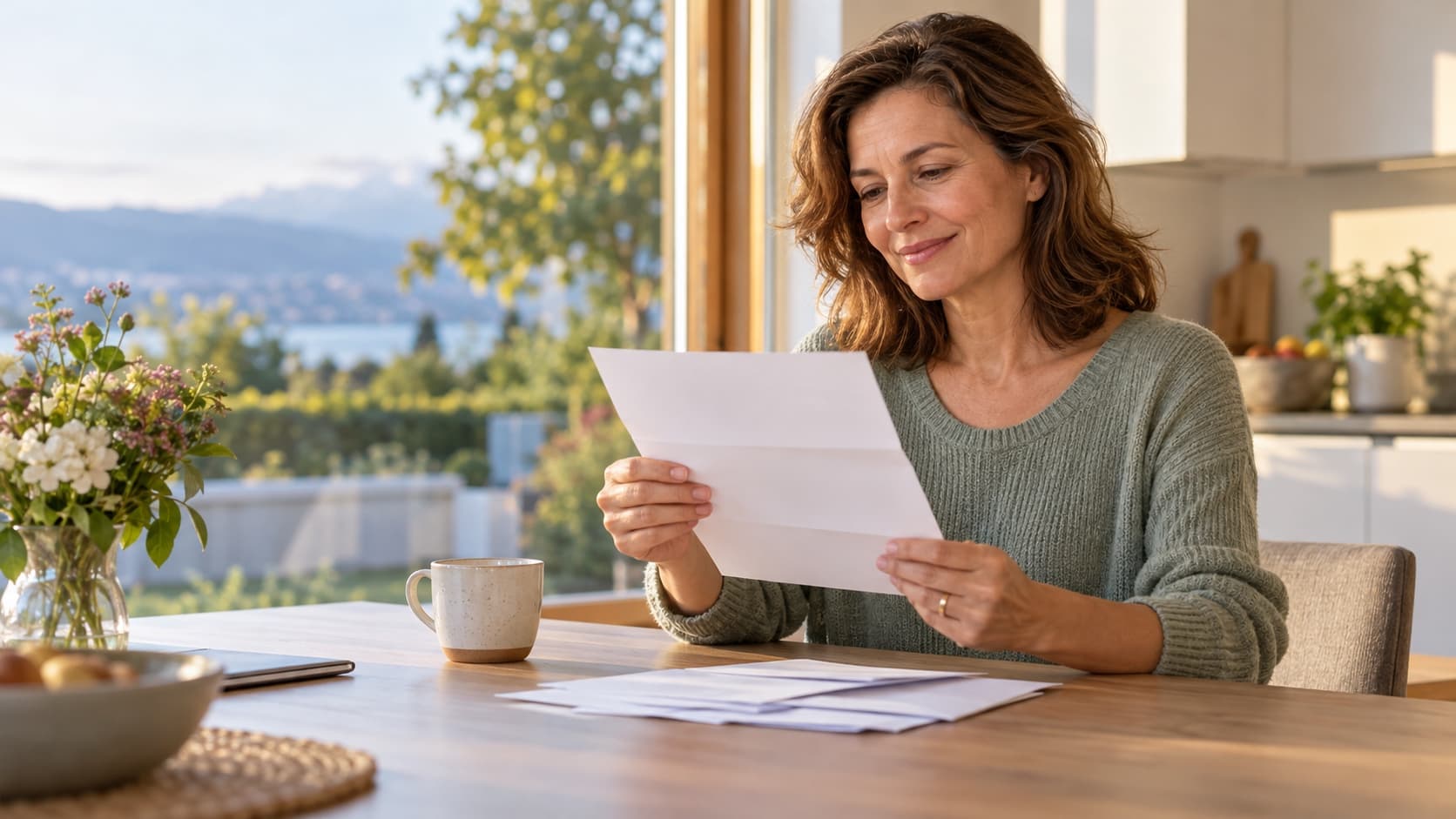 À la table de sa cuisine, une femme d’une cinquantaine d’années lit sereinement un courrier, une tasse à côté de papiers bien rangés