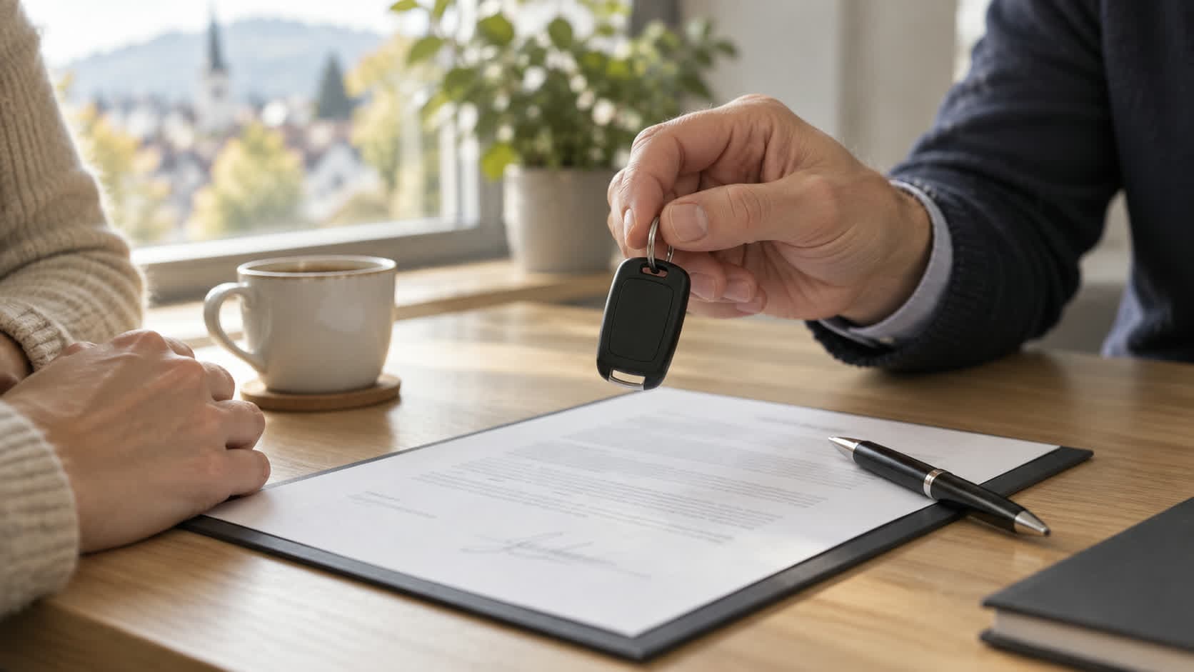 Une main tient les clés d’une voiture au-dessus d’un contrat de vente signé posé sur une table