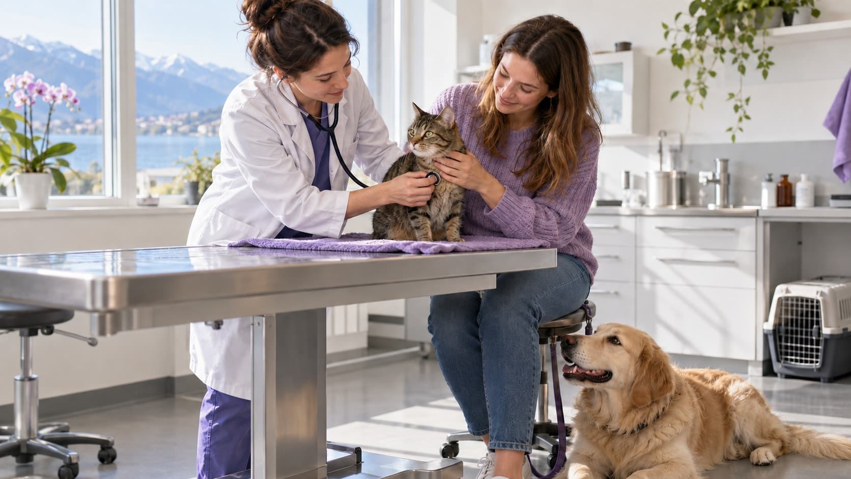 Une vétérinaire ausculte un chat tigré sur une table pendant que sa propriétaire le rassure. Un chien est couché calmement à ses pieds dans le cabinet lumineux.