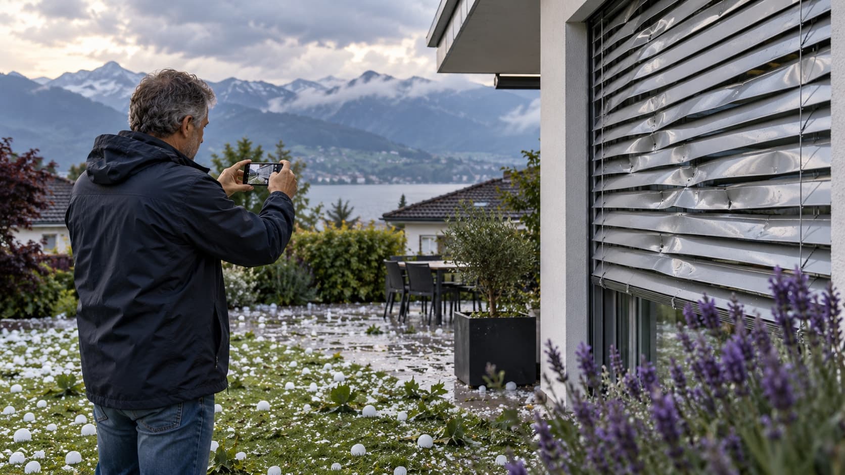 Un homme photographie un store à lamelles cabossé sur une maison, alors que des grêlons recouvrent encore la pelouse.
