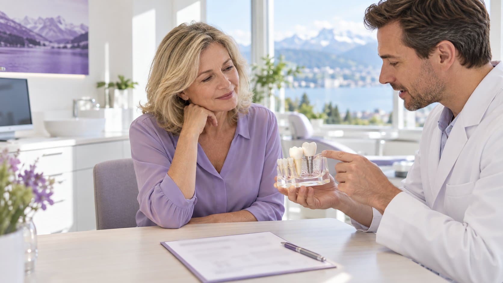 Dans un cabinet dentaire lumineux avec vue sur le lac, un dentiste présente à une patiente un modèle transparent qui montre un implant et sa couronne, un devis sur la table.