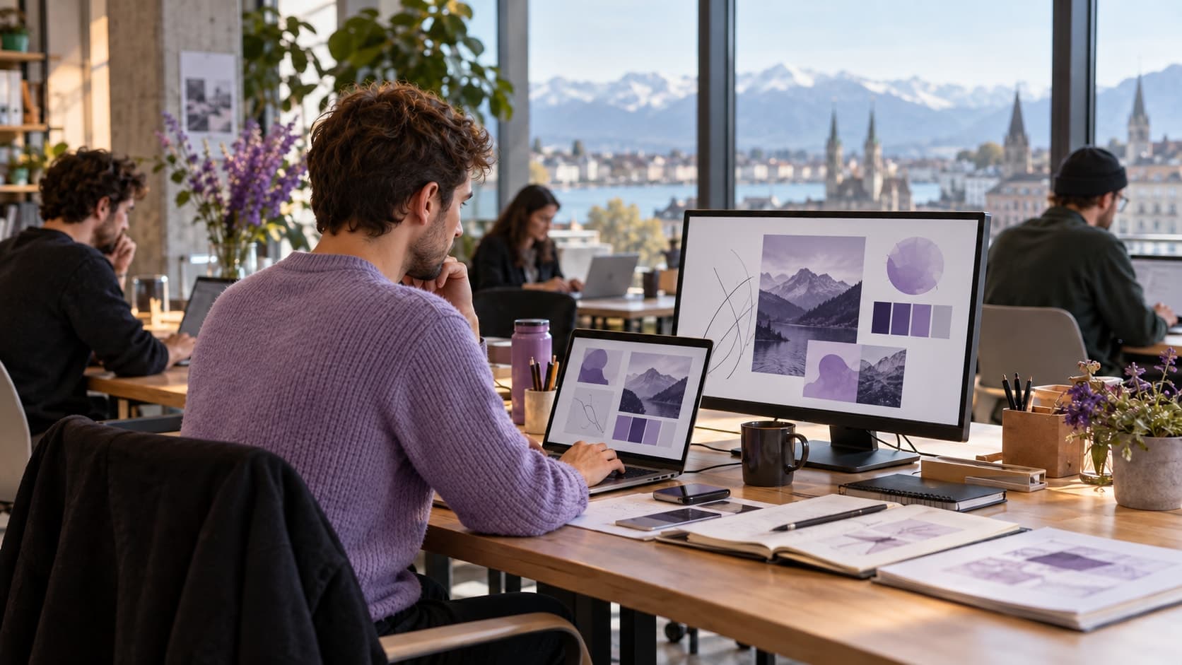 Un graphiste indépendant travaille sur son ordinateur et sa tablette dans un espace de coworking avec vue sur la ville.