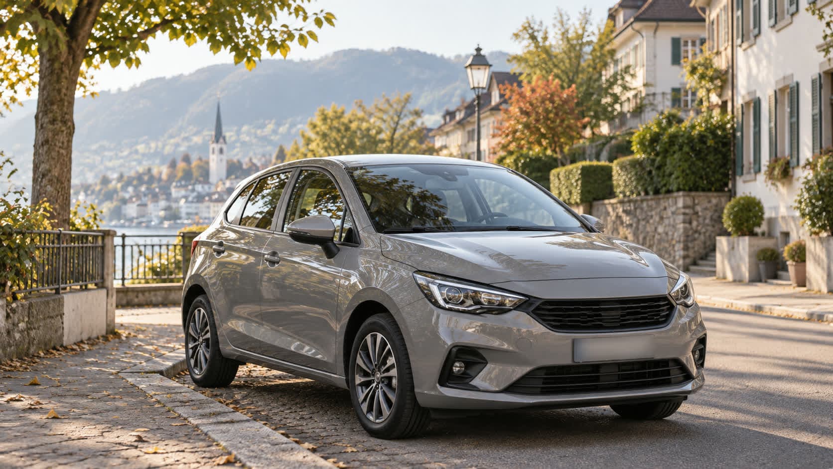 Une petite voiture citadine d’occasion garée dans une rue calme, en fin d’après-midi
