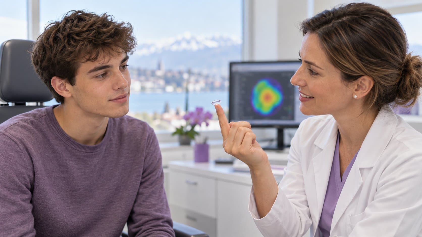 Une ophtalmologue montre une lentille de contact rigide au bout de son doigt à un jeune homme, devant la carte colorée de sa cornée