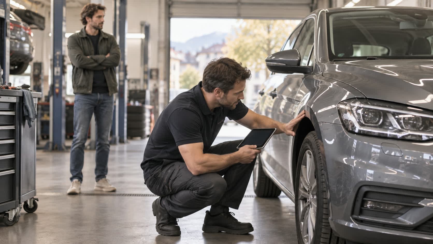 Un expert inspecte la carrosserie d’une voiture avec une tablette à la main, dans un garage, lors de sa restitution
