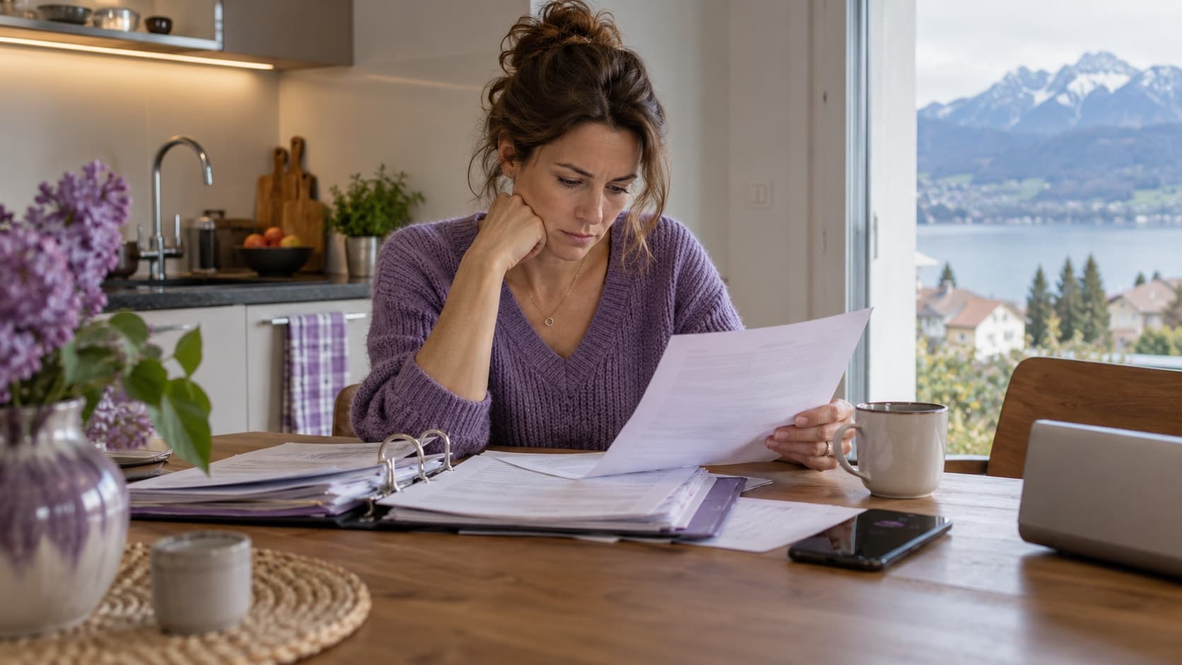 À la table de sa cuisine, une femme relit une lettre avec attention, un classeur de documents ouvert à côté d’elle.