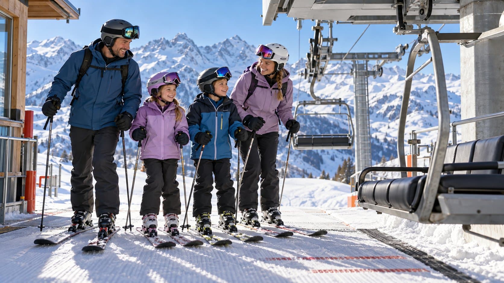 Une famille en tenue de ski attend le télésiège au soleil, face aux sommets enneigés