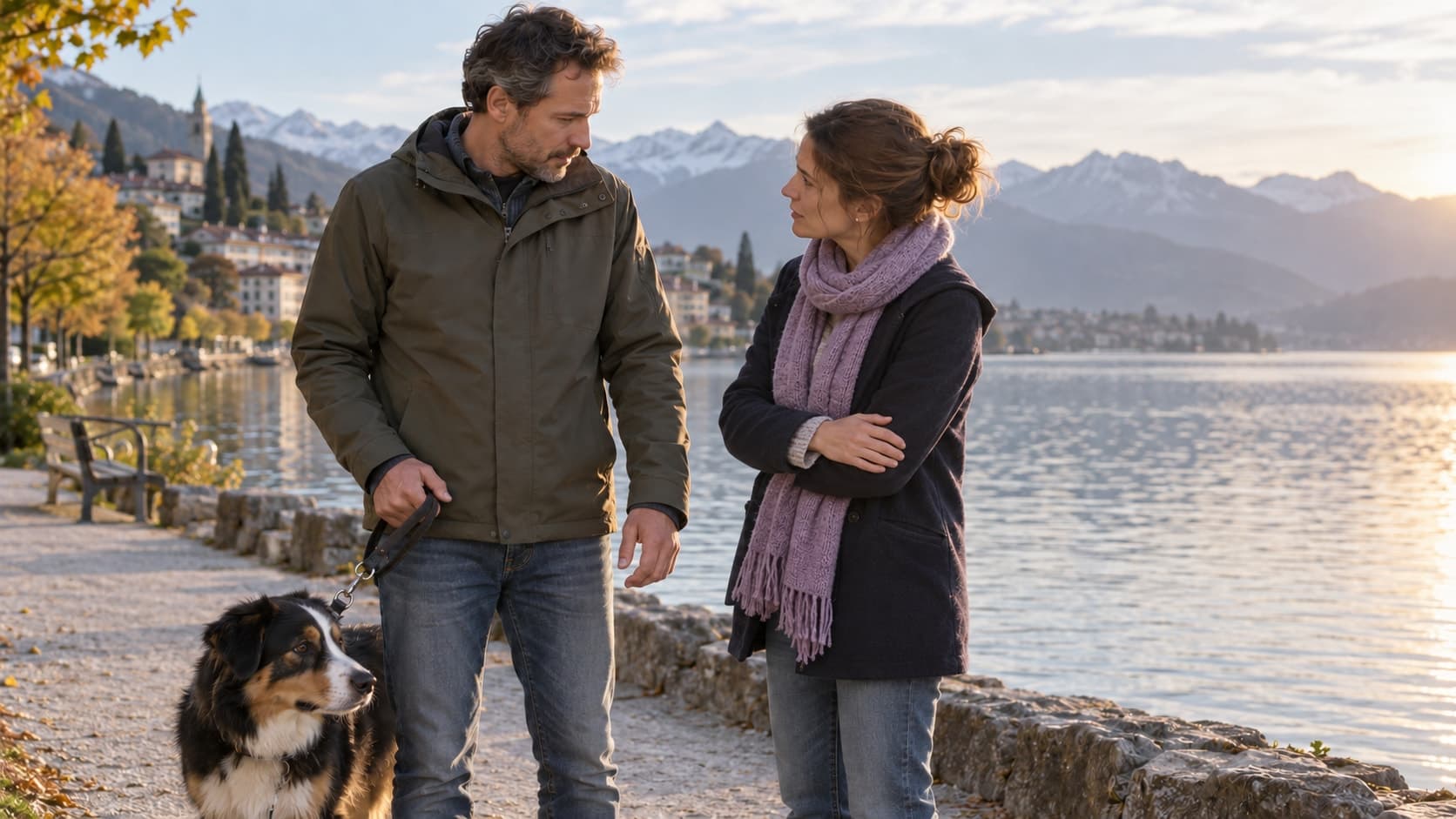 Au bord d’un lac, un homme préoccupé tient un chien calme en laisse courte et échange avec une femme qui tient son avant-bras par-dessus sa manche.