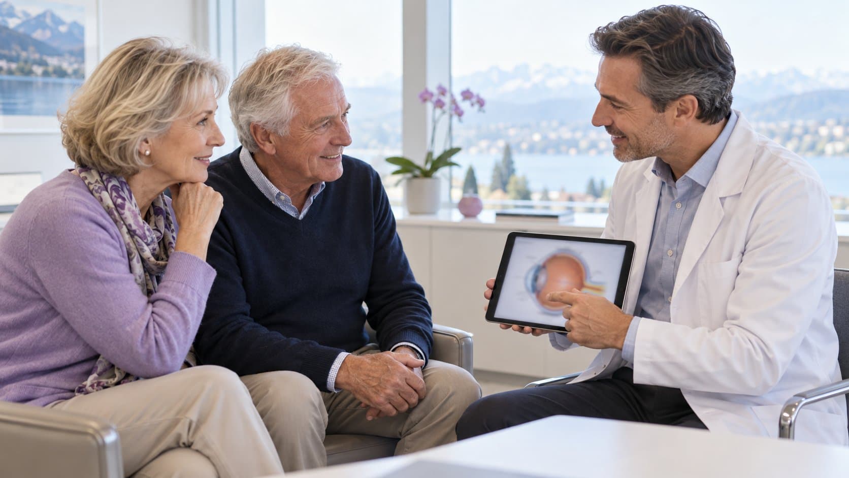 Un ophtalmologue montre un schéma de l’œil sur une tablette à un couple de retraités souriants