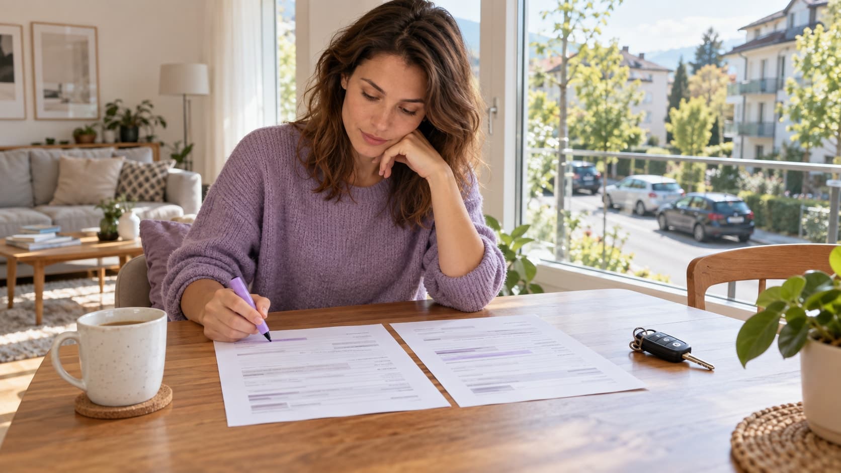 Dans un salon lumineux, une femme compare deux documents côte à côte, un surligneur à la main. Une clé de voiture et une tasse reposent sur la table, près d’une fenêtre donnant sur une rue arborée avec des voitures garées.