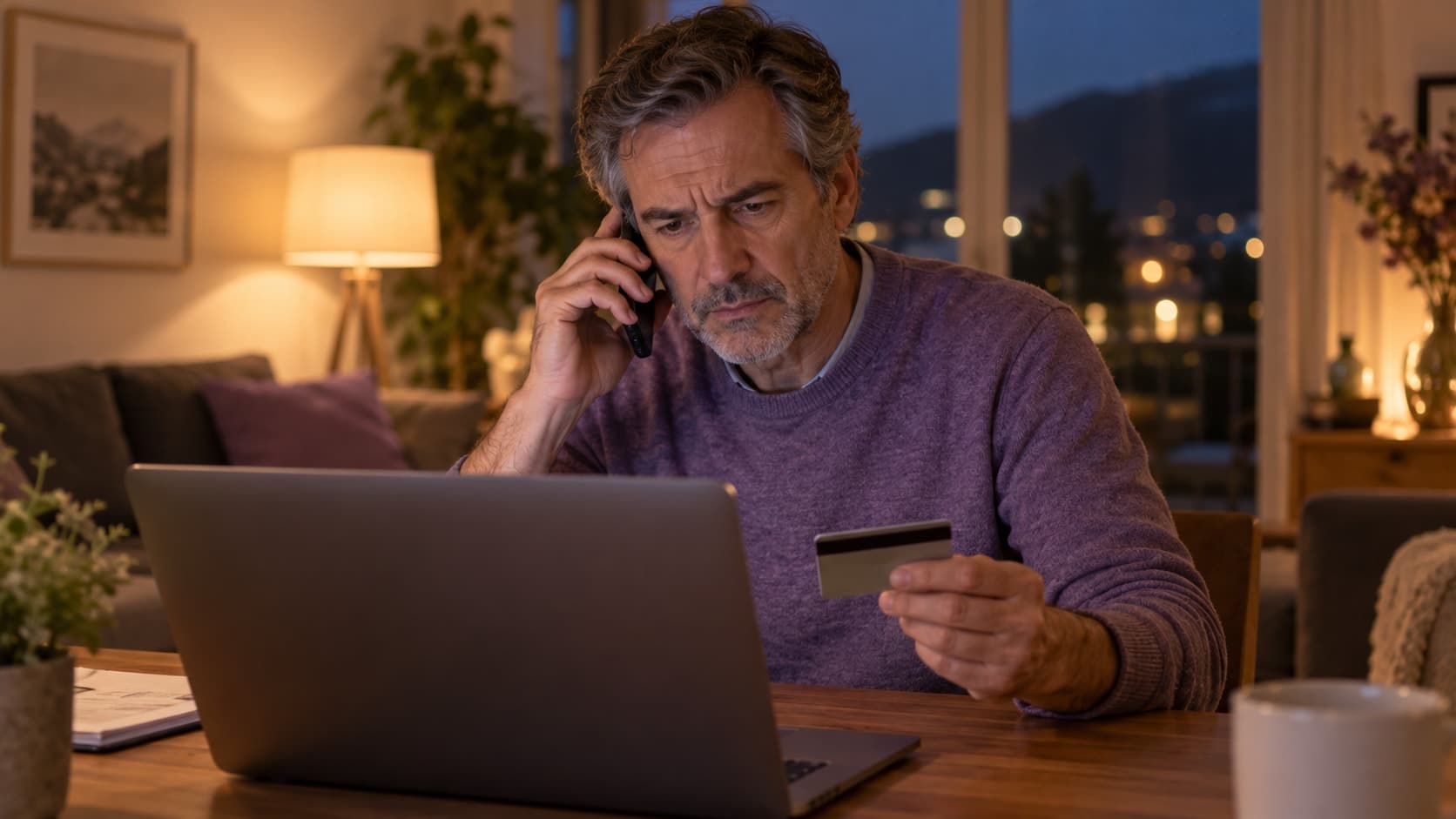 Dans un salon éclairé par une lampe, un homme inquiet téléphone, une carte bancaire à la main, devant un ordinateur portable ouvert.