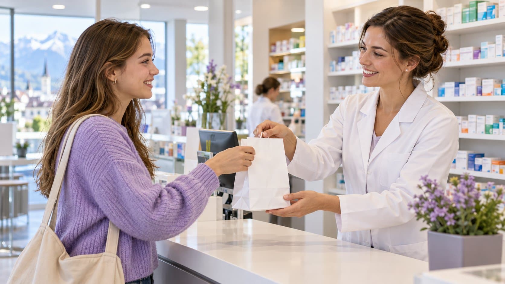 Au comptoir d’une pharmacie, une pharmacienne souriante tend un sachet à une jeune femme