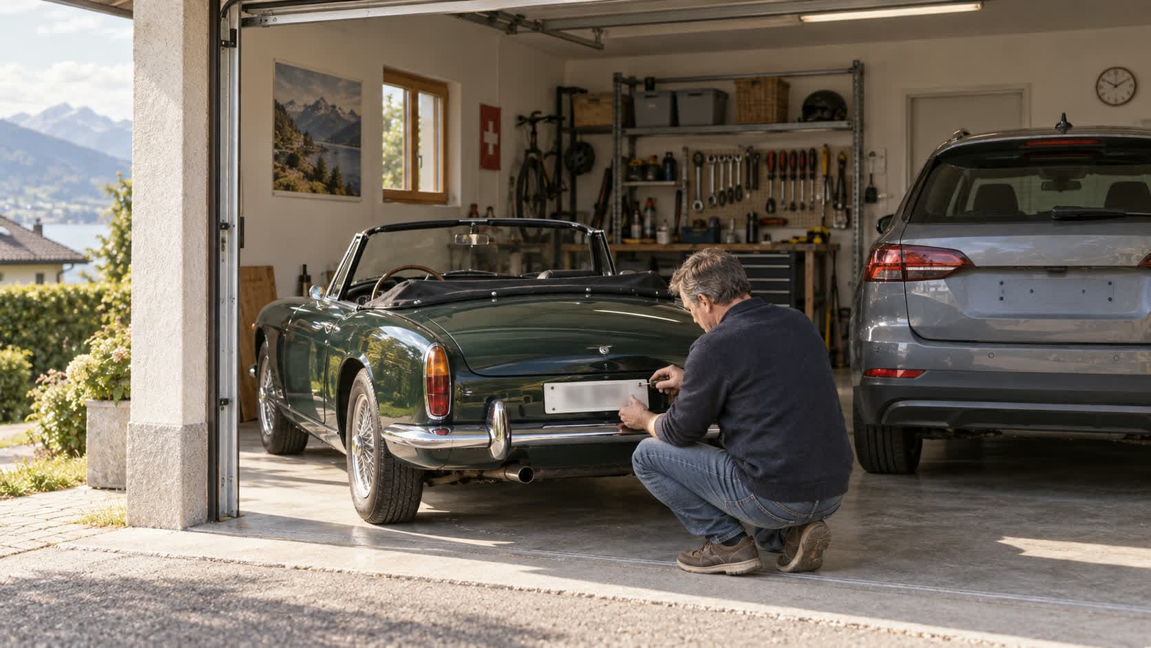 Un homme visse une plaque d’immatriculation à l’arrière d’un cabriolet ancien, dans un garage où attend une voiture familiale