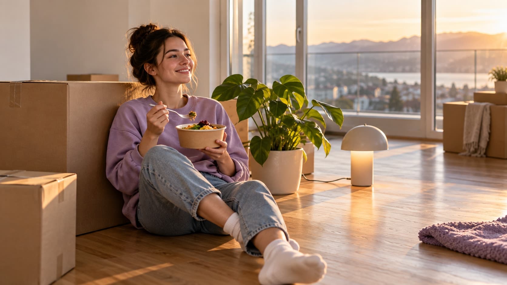 Une jeune femme assise sur le parquet, adossée à un carton, mange un plat à emporter en souriant dans un séjour presque vide, près d’une plante et d’une lampe posées au sol.