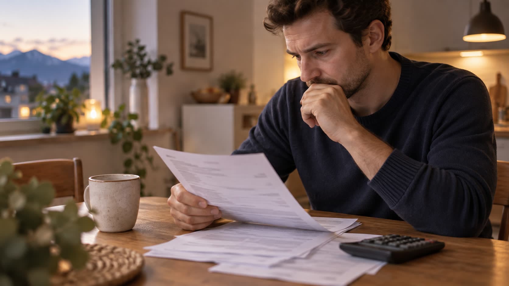 Un homme assis à la table de sa cuisine examine une facture de plusieurs pages, une calculatrice et une tasse de café posées à côté