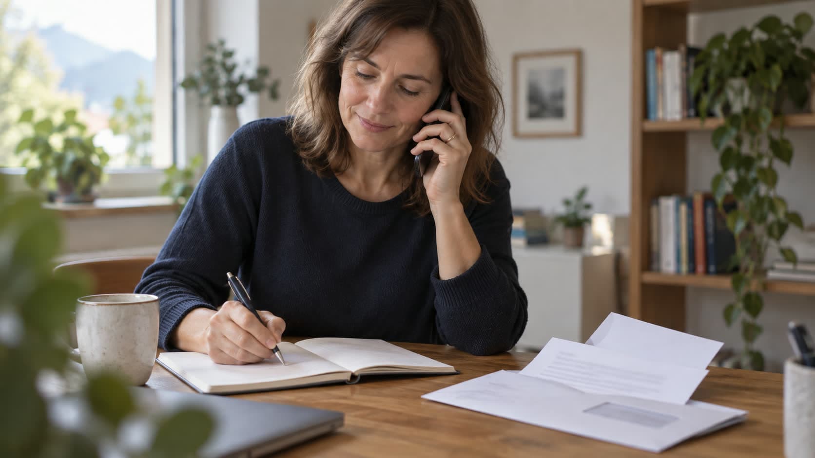 Une femme au téléphone prend des notes à son bureau à domicile, une lettre recommandée ouverte devant elle