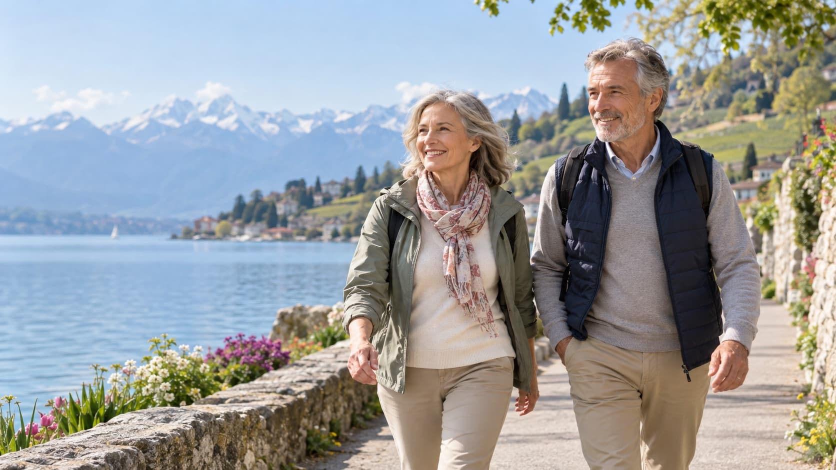 Un couple d’une soixantaine d’années marche d’un pas assuré au bord du lac Léman, au printemps, montagnes en arrière-plan