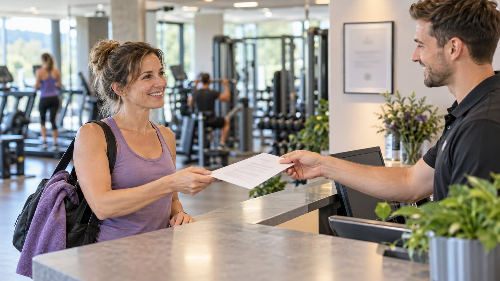 À l’accueil d’une salle de fitness, un employé tend une confirmation d’abonnement à une cliente souriante, sous un certificat encadré