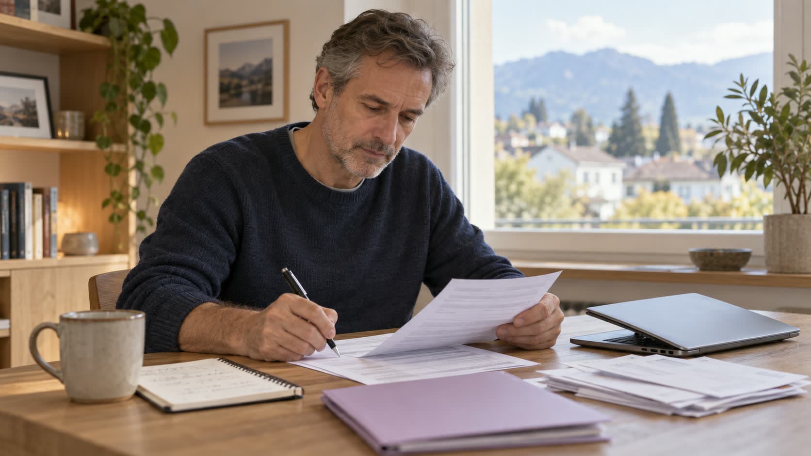 Un homme remplit avec soin un questionnaire à son bureau, entouré de ses courriers médicaux